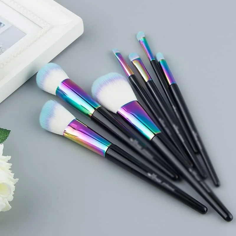 ست برس آرایشی رنگین کمانی 7 تکه، برس آرایش حرفه ای برای صورت و چشم، دسته مسی سایز کامل ست برس آرایشی رنگین کمانی 7 تکه، برس آرایش حرفه ای برای صورت و چشم، دسته مسی سایز کامل