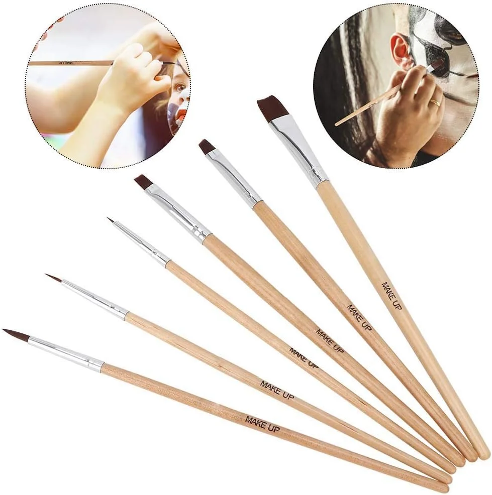 ست 6 عددی برس آرایشی چشم با برس های چوبی رنگارنگ برای رنگ آمیزی صورت و بدن، شامل برس چشم، برس لب، برس صورت و برس بدن ست 6 عددی برس آرایشی چشم با برس های چوبی رنگارنگ برای رنگ آمیزی صورت و بدن، شامل برس چشم، برس لب، برس صورت و برس بدن