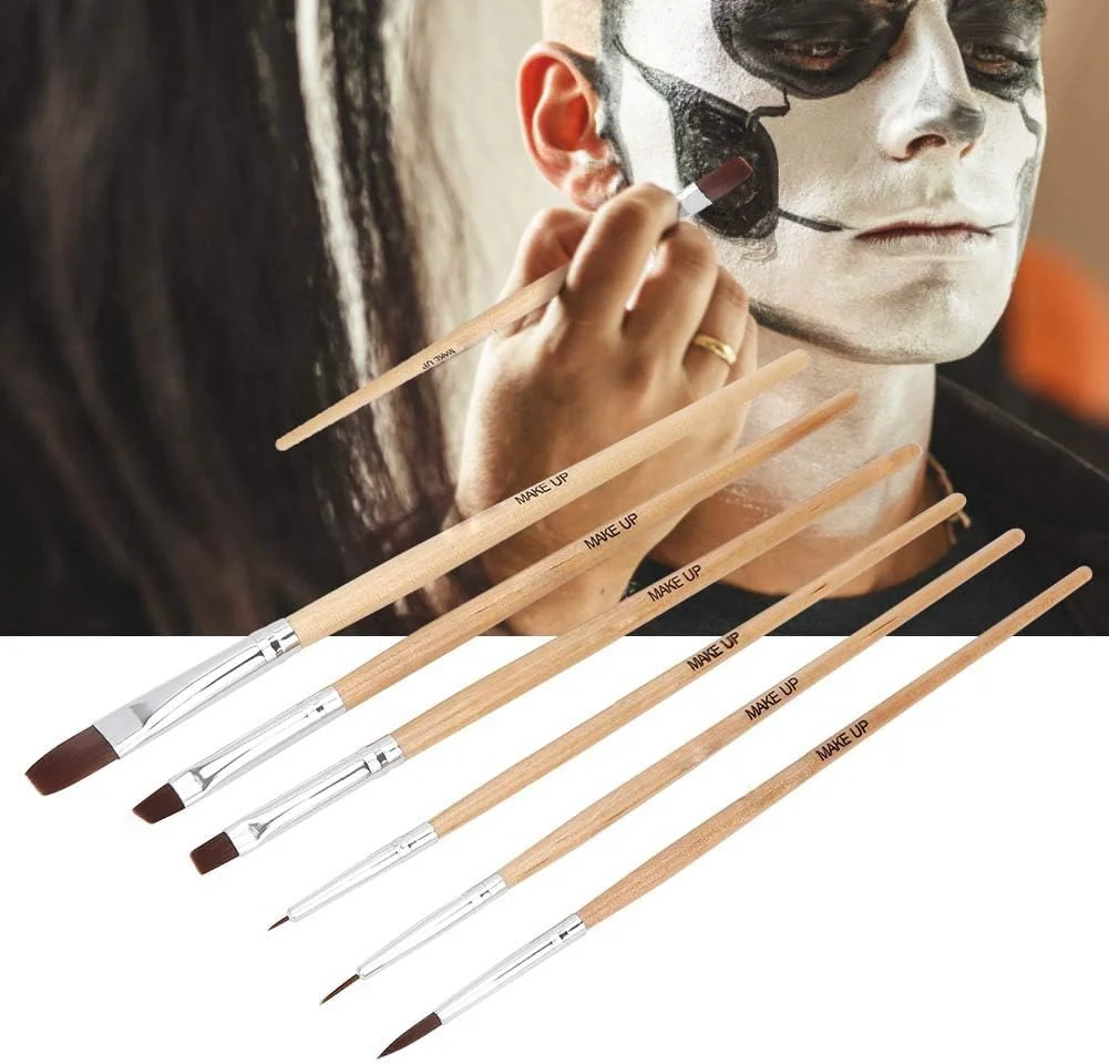 ست 6 عددی برس آرایشی چشم با برس های چوبی رنگارنگ برای رنگ آمیزی صورت و بدن، شامل برس چشم، برس لب، برس صورت و برس بدن ست 6 عددی برس آرایشی چشم با برس های چوبی رنگارنگ برای رنگ آمیزی صورت و بدن، شامل برس چشم، برس لب، برس صورت و برس بدن