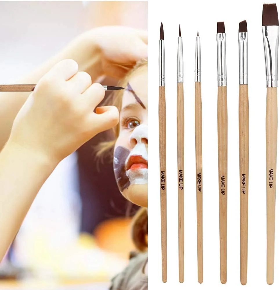 ست 6 عددی برس آرایشی چشم با برس های چوبی رنگارنگ برای رنگ آمیزی صورت و بدن، شامل برس چشم، برس لب، برس صورت و برس بدن ست 6 عددی برس آرایشی چشم با برس های چوبی رنگارنگ برای رنگ آمیزی صورت و بدن، شامل برس چشم، برس لب، برس صورت و برس بدن