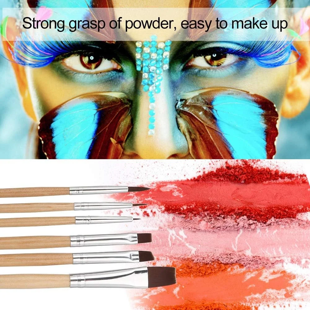 ست 6 عددی برس آرایشی چشم با برس های چوبی رنگارنگ برای رنگ آمیزی صورت و بدن، شامل برس چشم، برس لب، برس صورت و برس بدن ست 6 عددی برس آرایشی چشم با برس های چوبی رنگارنگ برای رنگ آمیزی صورت و بدن، شامل برس چشم، برس لب، برس صورت و برس بدن