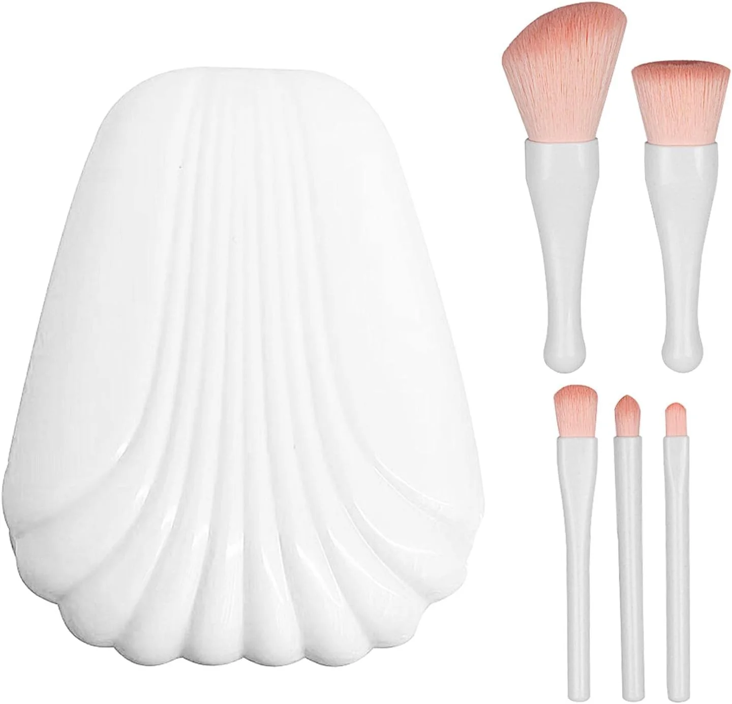 ست برس آرایشی مسافرتی 5 تکه با آینه تاشو، ابزارهای زیبایی کامل و راحت، ست برس آرایشی مینی صورت (سفید)