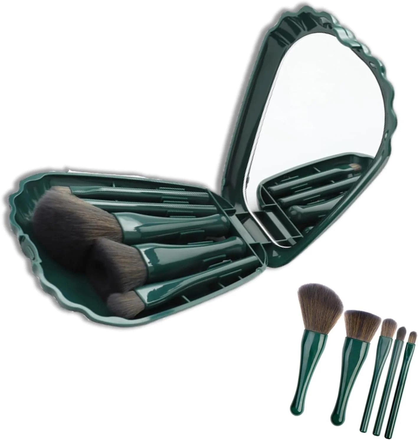 ست برس آرایشی مسافرتی 5 تکه با آینه - کیت برس های آرایشی مینی قابل حمل با آینه جمع و جور برای همراه داشتن و آرایش (سبز-آبی)