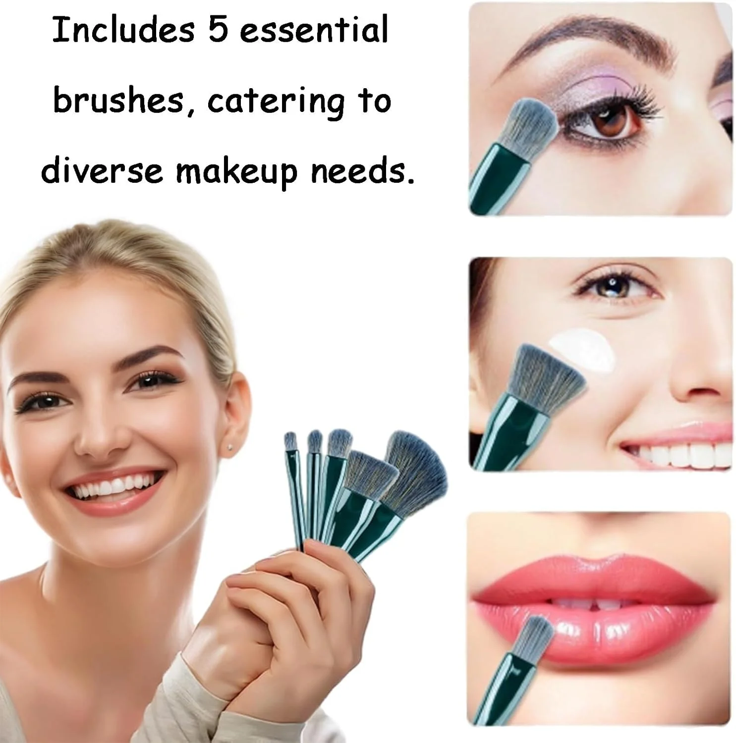 ست برس آرایشی مسافرتی 5 تکه با آینه - کیت برس های آرایشی مینی قابل حمل با آینه جمع و جور برای همراه داشتن و آرایش (سبز-آبی)