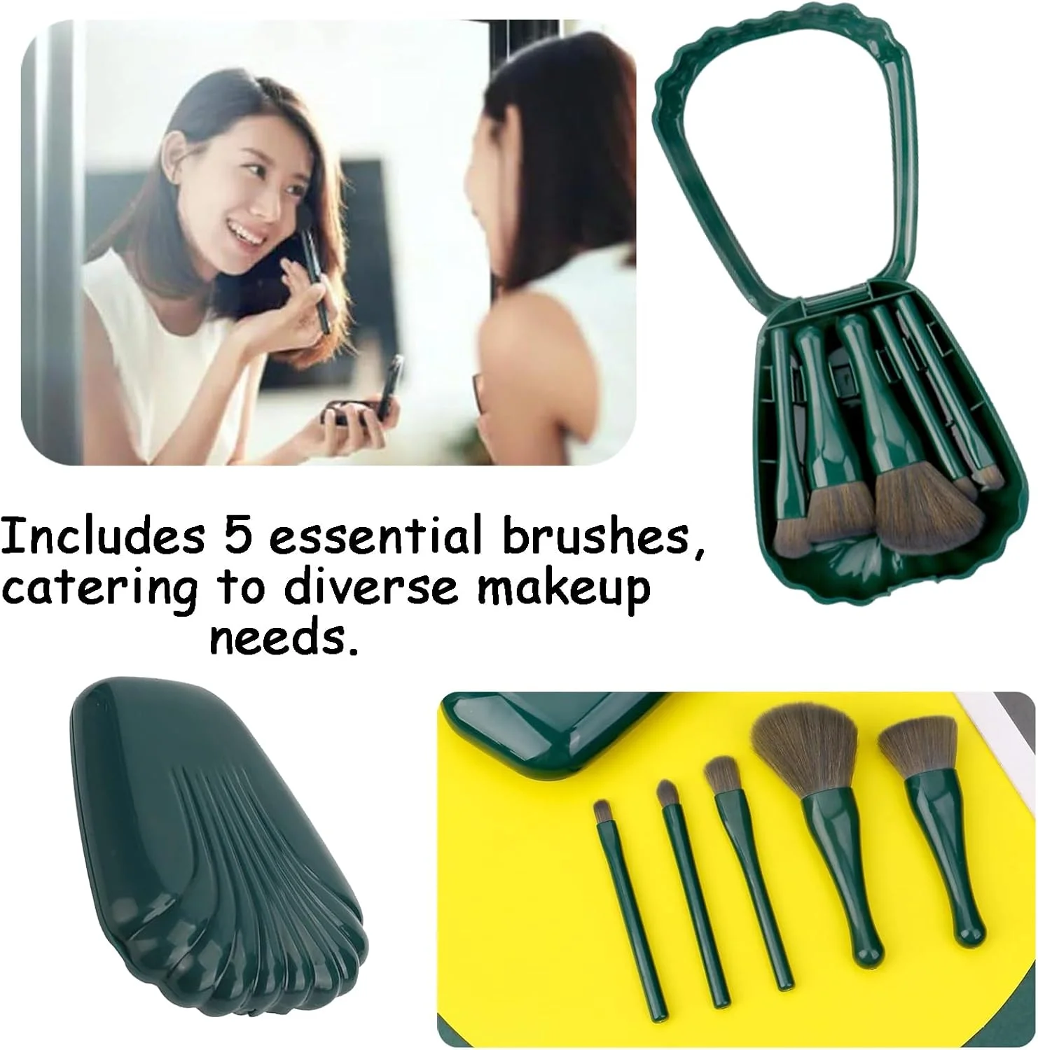 ست برس آرایشی مسافرتی 5 تکه با آینه - کیت برس های آرایشی مینی قابل حمل با آینه جمع و جور برای همراه داشتن و آرایش (سبز-آبی)