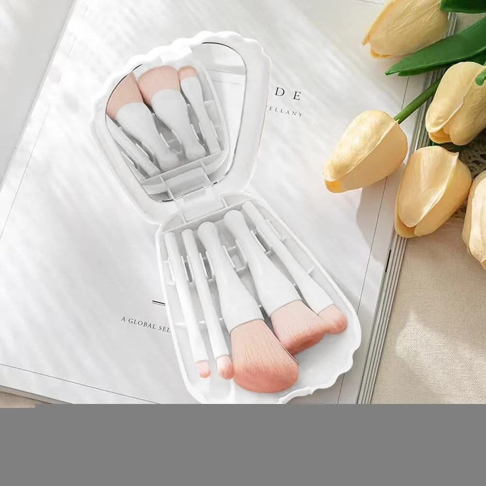 ست برس آرایشی مسافرتی 5 تکه با آینه تاشو، ابزارهای زیبایی کامل و راحت، ست برس آرایشی مینی صورت (سفید)