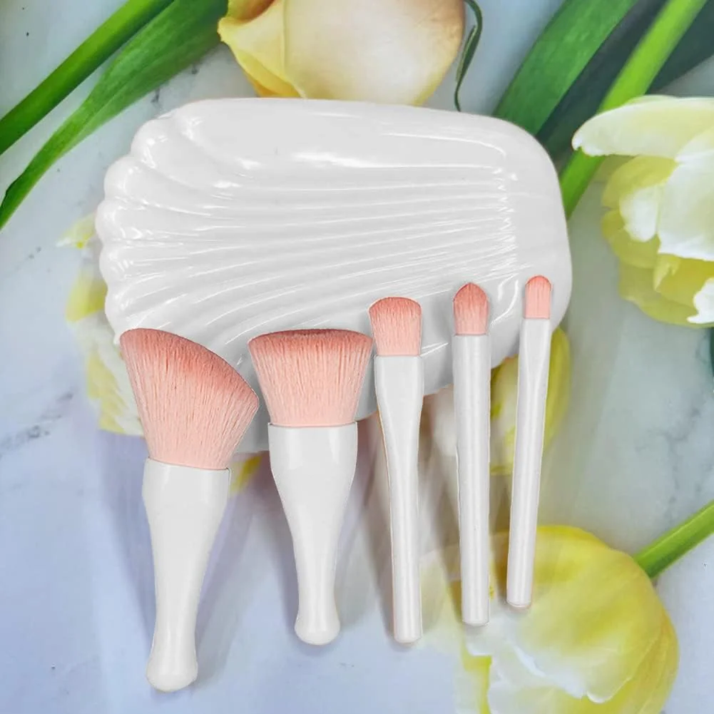 ست برس آرایشی مسافرتی 5 تکه با آینه تاشو، ابزارهای زیبایی کامل و راحت، ست برس آرایشی مینی صورت (سفید)