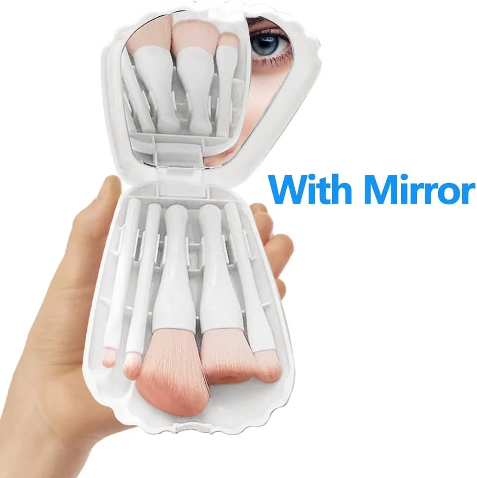 ست برس آرایشی مسافرتی 5 تکه با آینه تاشو، ابزارهای زیبایی کامل و راحت، ست برس آرایشی مینی صورت (سفید)