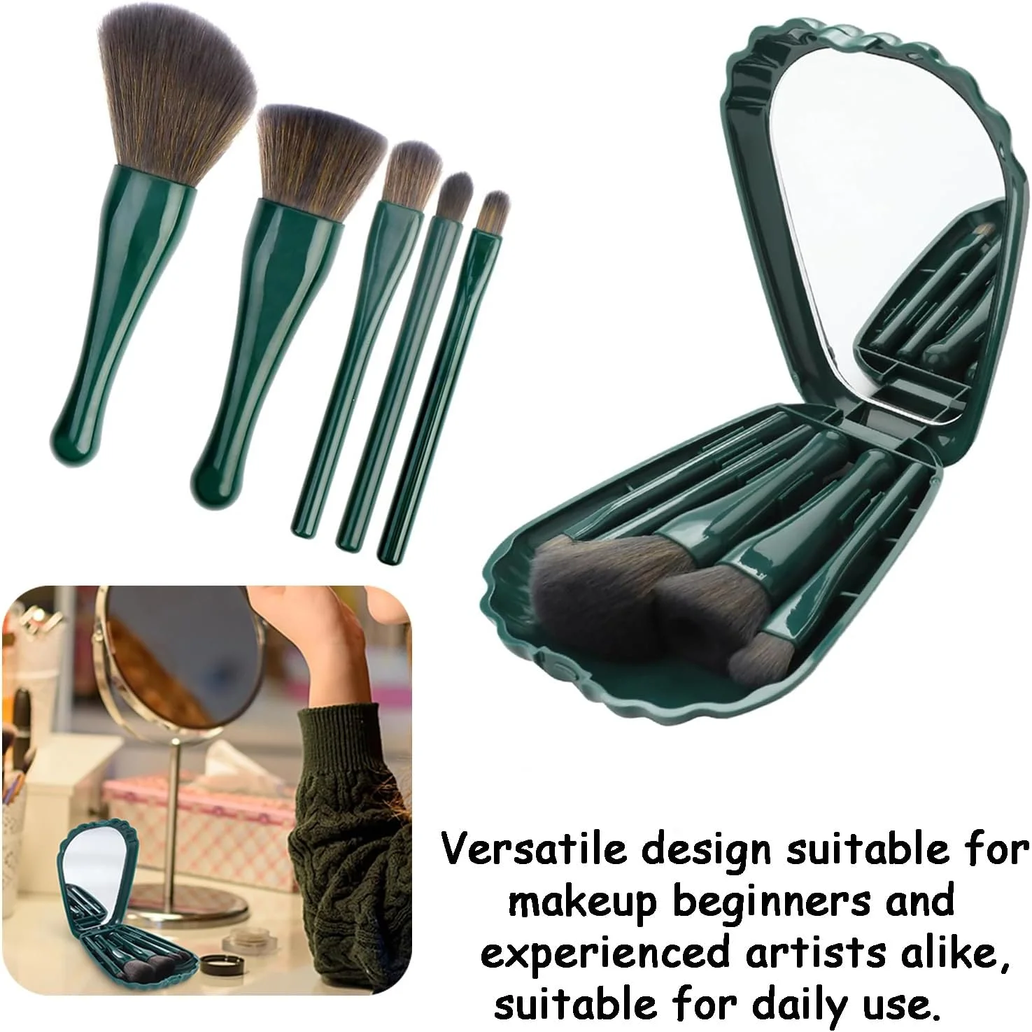 ست برس آرایشی مسافرتی 5 تکه با آینه - کیت برس های آرایشی مینی قابل حمل با آینه جمع و جور برای همراه داشتن و آرایش (سبز-آبی)