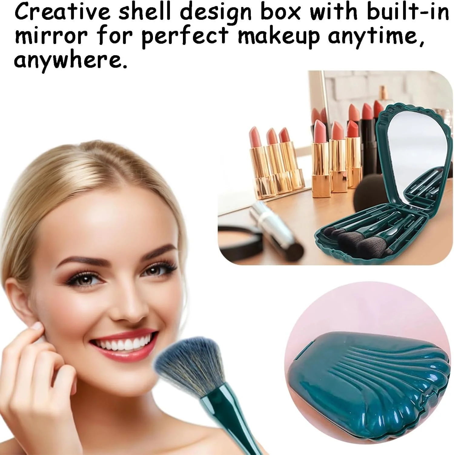 ست برس آرایشی مسافرتی 5 تکه با آینه - کیت برس های آرایشی مینی قابل حمل با آینه جمع و جور برای همراه داشتن و آرایش (سبز-آبی)