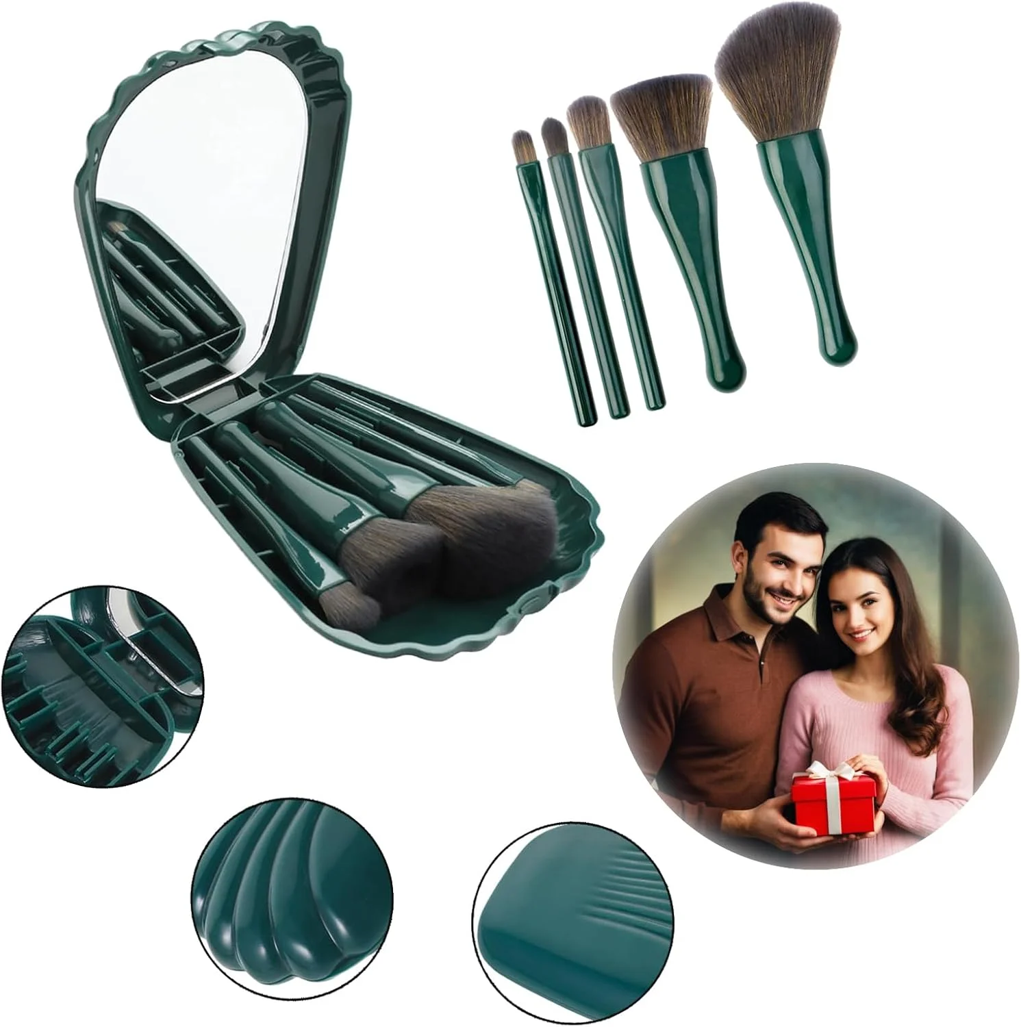 ست برس آرایشی مسافرتی 5 تکه با آینه - کیت برس های آرایشی مینی قابل حمل با آینه جمع و جور برای همراه داشتن و آرایش (سبز-آبی)