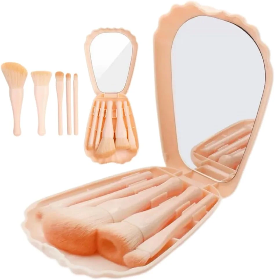 ست برس آرایشی مسافرتی مینی 5 تکه، ست کامل برس های آرایشی قابل حمل با عملکرد کامل با جعبه آینه ای، لوازم ضروری سفر زنان (صورتی)