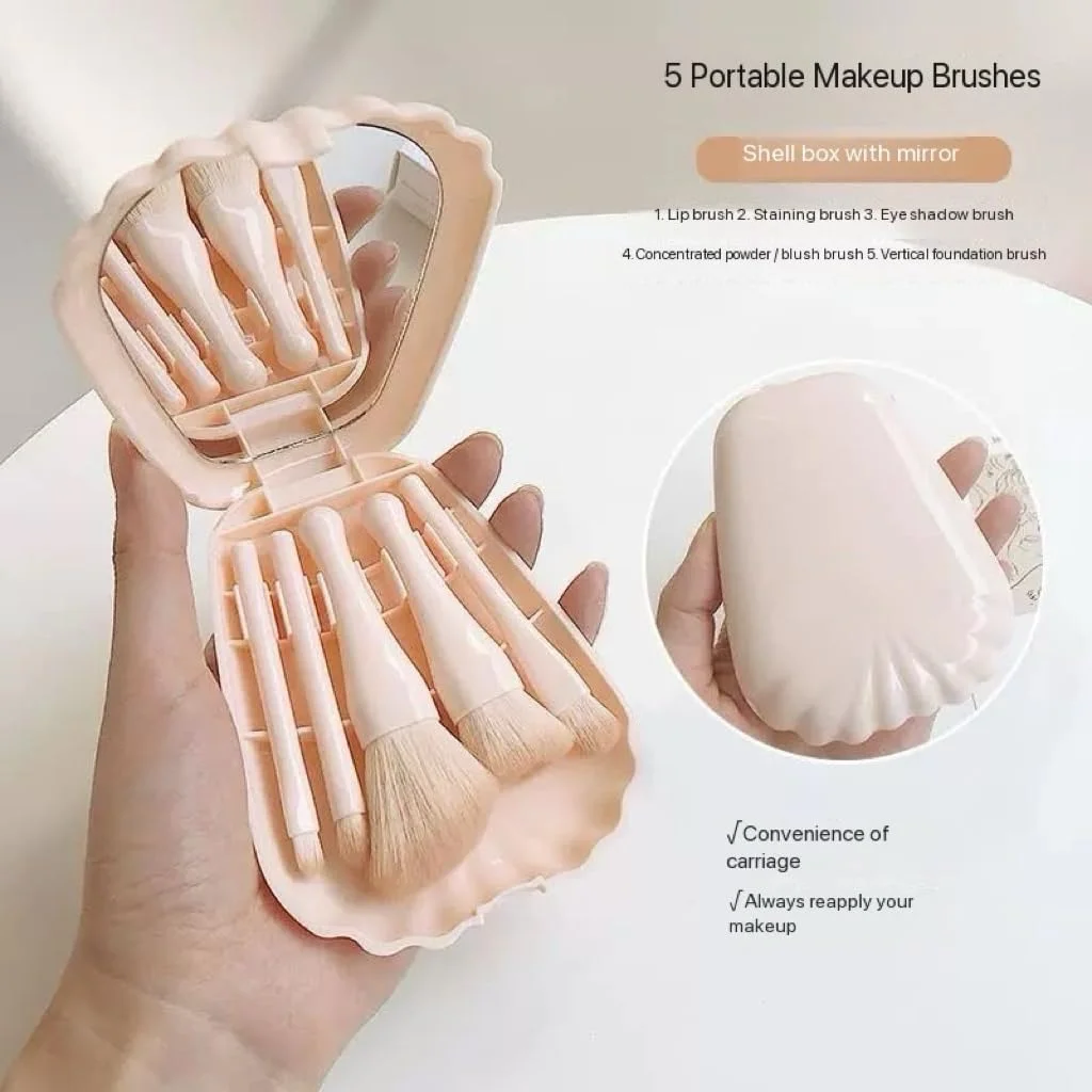 ست برس آرایشی مسافرتی مینی 5 تکه، ست کامل برس های آرایشی قابل حمل با عملکرد کامل با جعبه آینه ای، لوازم ضروری سفر زنان (صورتی)