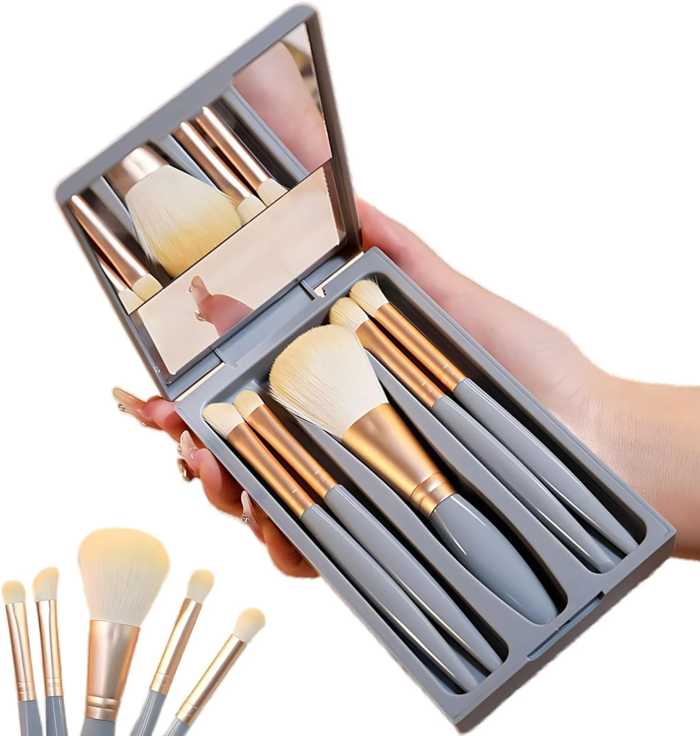 ست 5 عددی براش آرایشی، ست براش مسافرتی با آینه، براش سایه چشم، براش سایه بینی، براش جزئیات، براش ترکیب، براش لکه/پودر، مناسب برای آرایش روزانه و ترمیم آرایش در بیرون از خانه