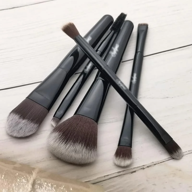 ست برس آرایشی مسافرتی 5 تکه با کیف، مشکی، قابل حمل، برس های آرایشی حرفه ای