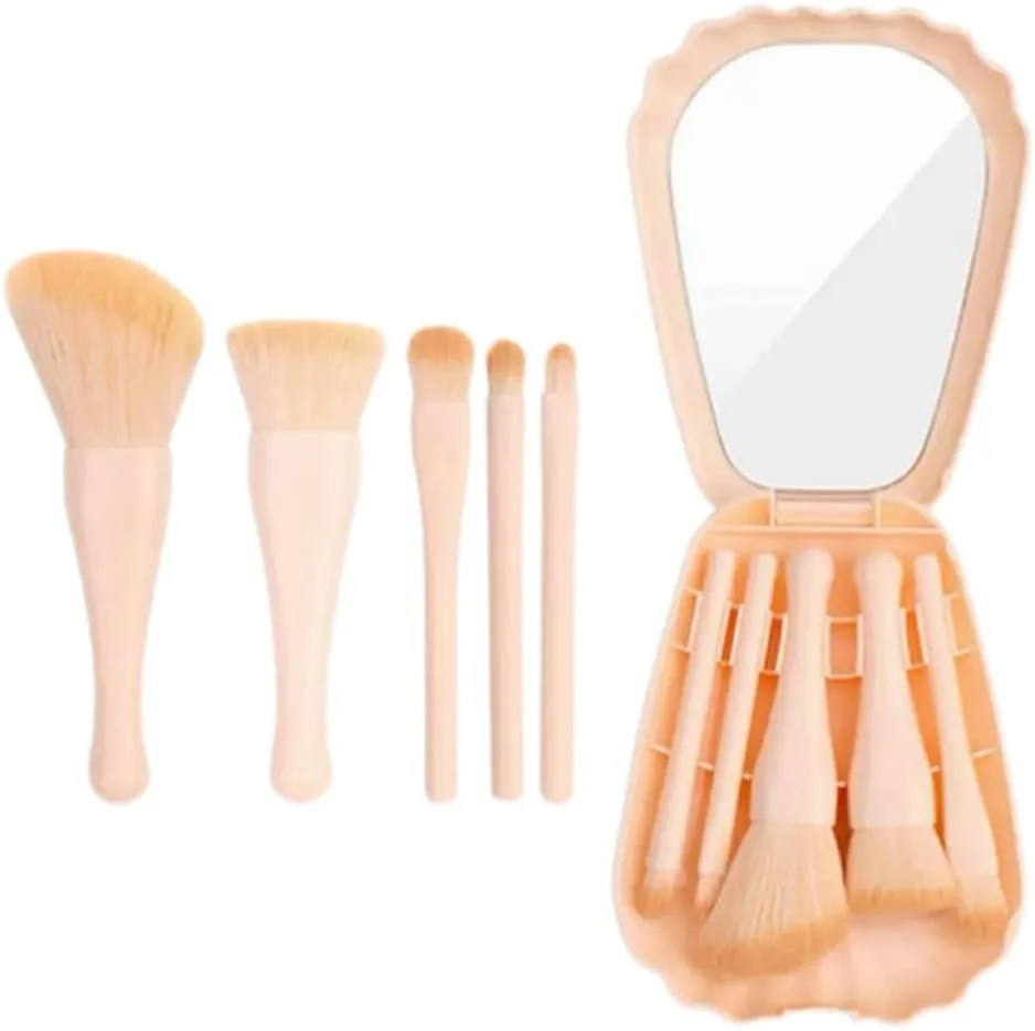 ست برس آرایشی مسافرتی مینی 5 تکه، ست کامل برس های آرایشی قابل حمل با عملکرد کامل با جعبه آینه ای، لوازم ضروری سفر زنان (صورتی)