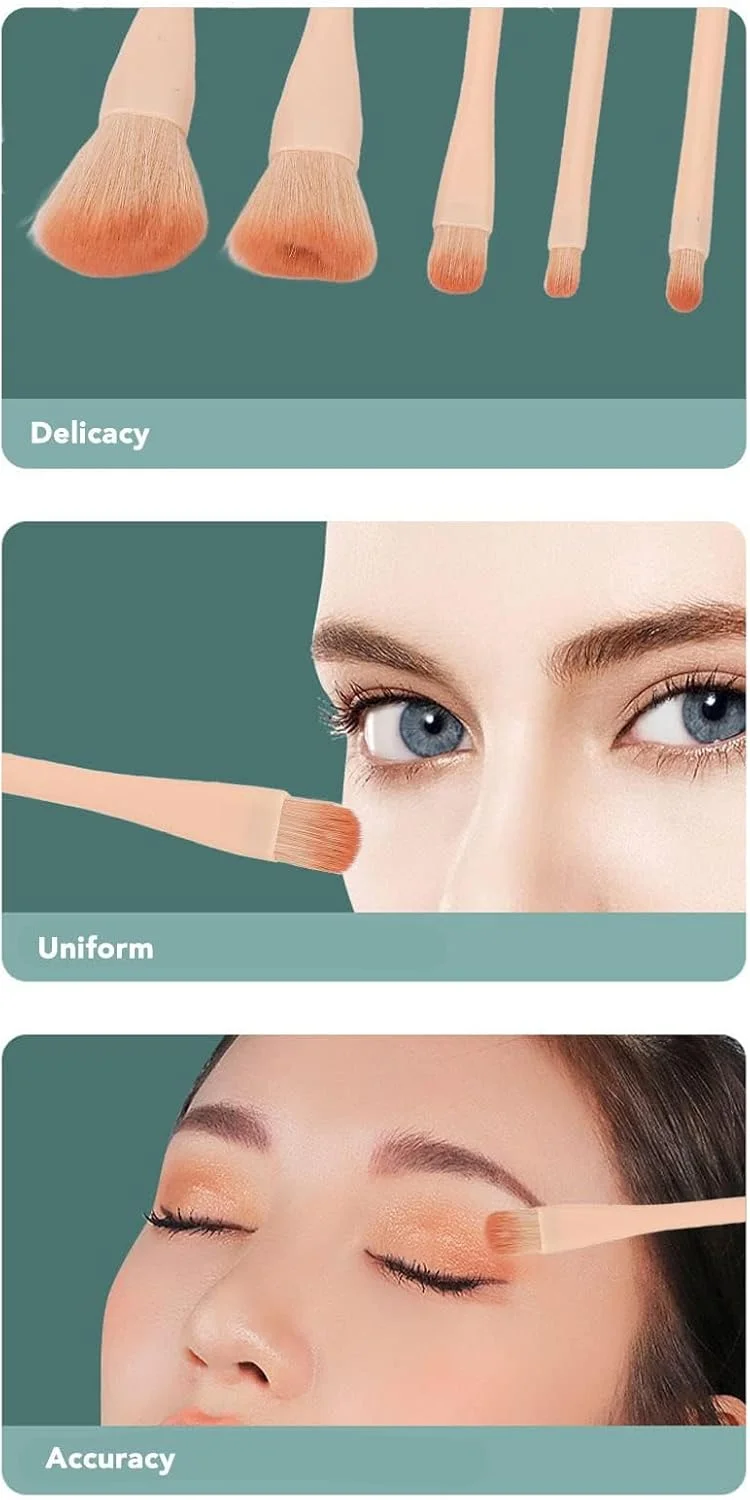 ست برس آرایشی مسافرتی مینی 5 تکه، ست کامل برس های آرایشی قابل حمل با عملکرد کامل با جعبه آینه ای، لوازم ضروری سفر زنان (صورتی)