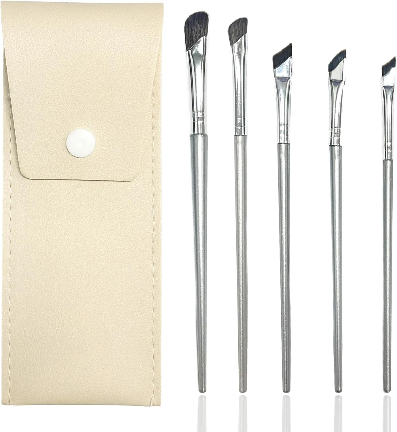 ست 5 عددی برس آرایش چشم، برس سایه چشم و کانتور بینی، برس خط چشم زاویه دار، برس کانسیلر ترکیبی ابرو برای کرم پودر مایع، فوق العاده نازک، ست برس آرایش با کیف، نقره ای