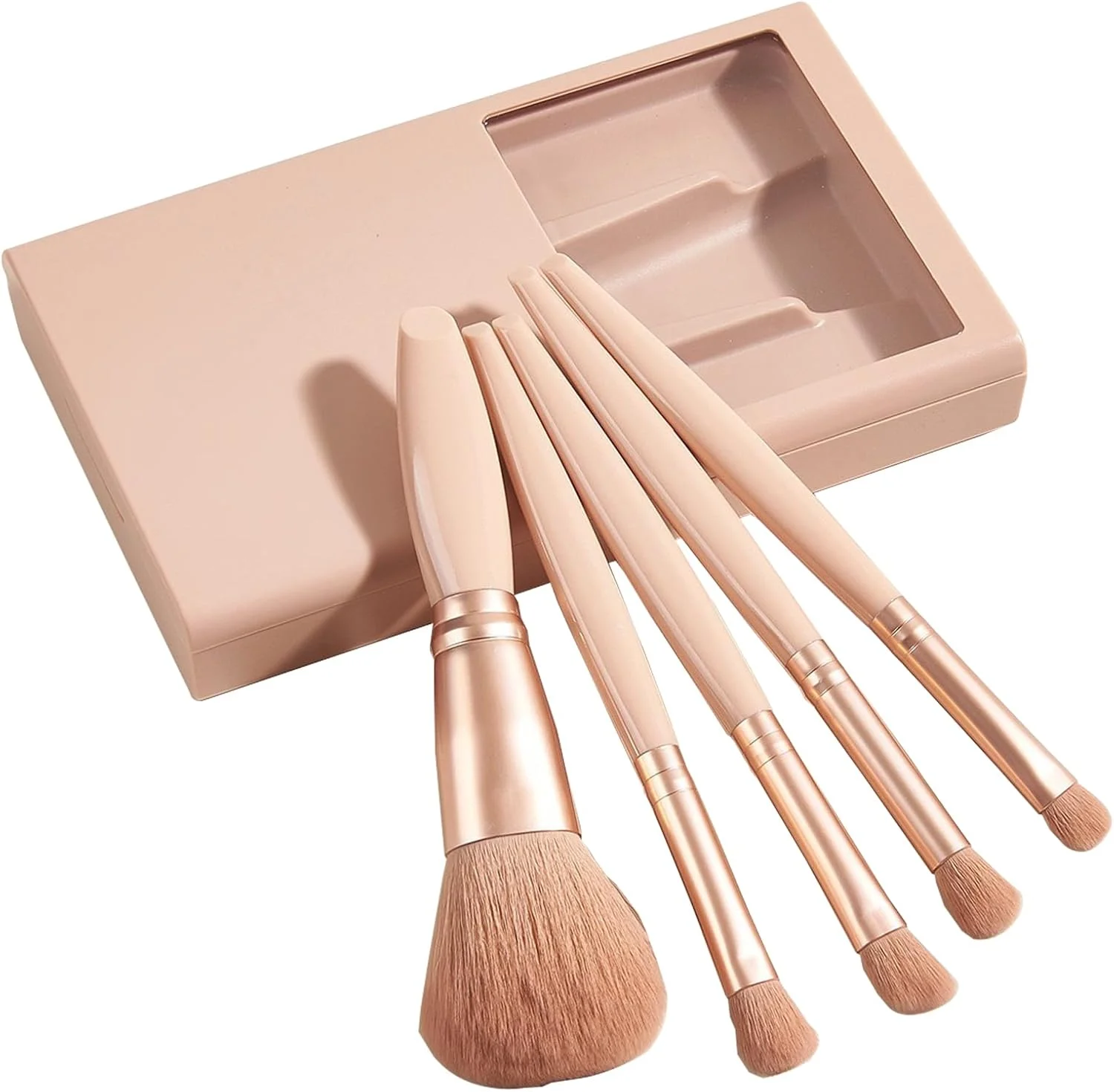 ست برس آرایشی قابل حمل سبک وزن 5 عددی، جعبه برس آرایشی مسافرتی راحت، جعبه ست برس آرایشی با دسته ارگونومیک به همراه آینه برای سفر کاری