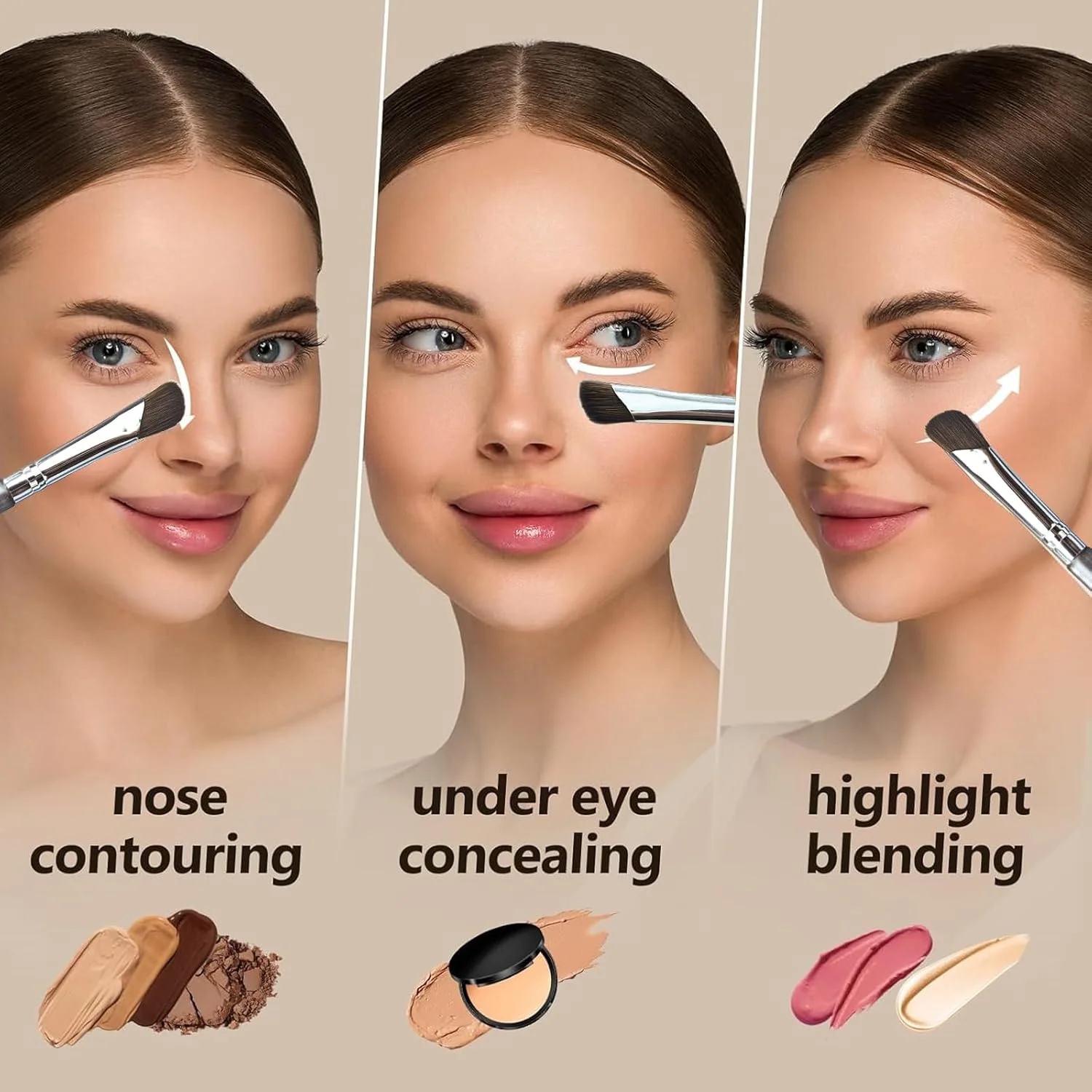ست 5 عددی برس آرایش چشم، برس سایه چشم و کانتور بینی، برس خط چشم زاویه دار، برس کانسیلر ترکیبی ابرو برای کرم پودر مایع، فوق العاده نازک، ست برس آرایش با کیف، نقره ای
