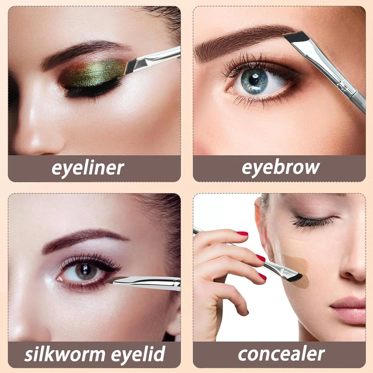 ست 5 عددی برس آرایش چشم، برس سایه چشم و کانتور بینی، برس خط چشم زاویه دار، برس کانسیلر ترکیبی ابرو برای کرم پودر مایع، فوق العاده نازک، ست برس آرایش با کیف، نقره ای