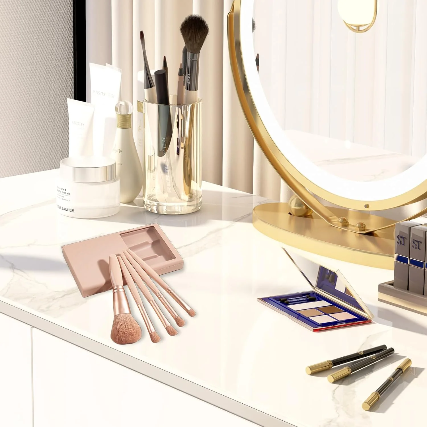 ست برس آرایشی قابل حمل سبک وزن 5 عددی، جعبه برس آرایشی مسافرتی راحت، جعبه ست برس آرایشی با دسته ارگونومیک به همراه آینه برای سفر کاری ست برس آرایشی قابل حمل سبک وزن 5 عددی، جعبه برس آرایشی مسافرتی راحت، جعبه ست برس آرایشی با دسته ارگونومیک به همراه آینه برای سفر کاری