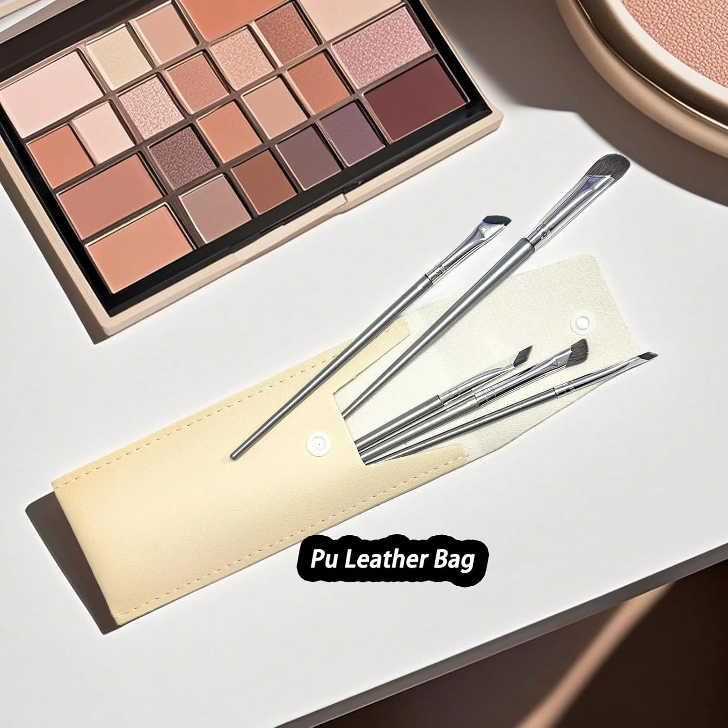 ست 5 عددی برس آرایش چشم، برس سایه چشم و کانتور بینی، برس خط چشم زاویه دار، برس کانسیلر ترکیبی ابرو برای کرم پودر مایع، فوق العاده نازک، ست برس آرایش با کیف، نقره ای