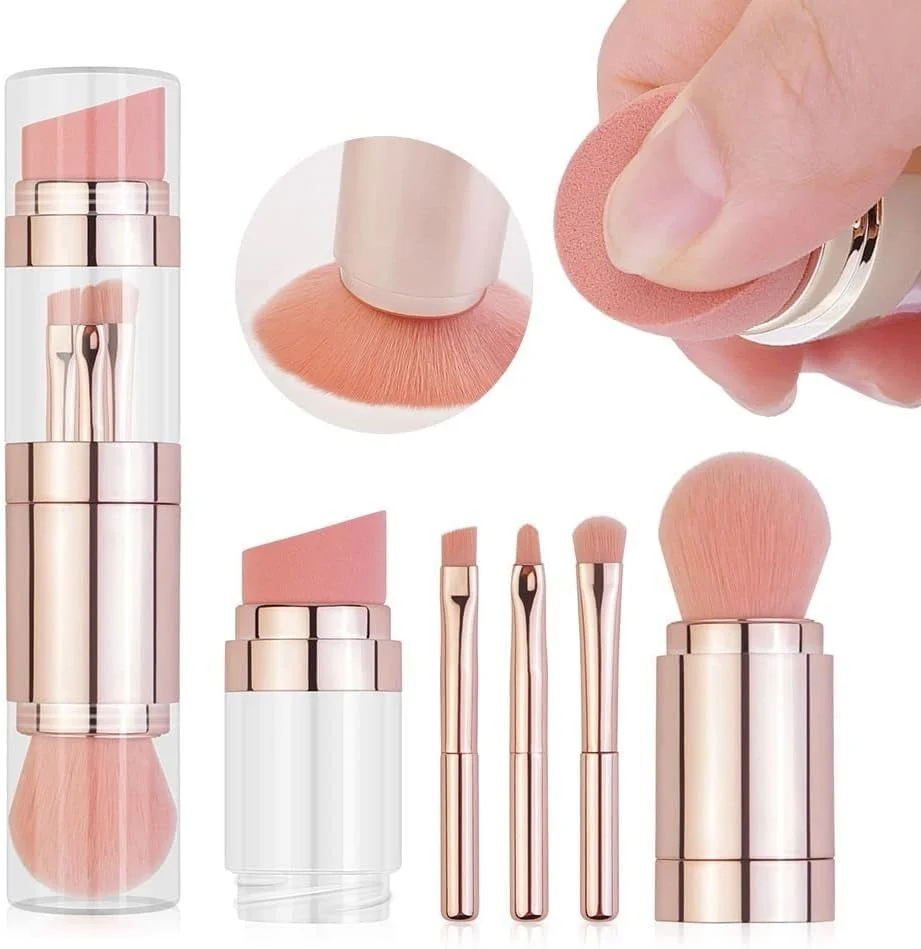 ست برس آرایشی قابل حمل 5 در 1، برس های جمع شونده برای کرم پودر، سایه چشم، لب، ابرو و پودر مناسب مسافرت