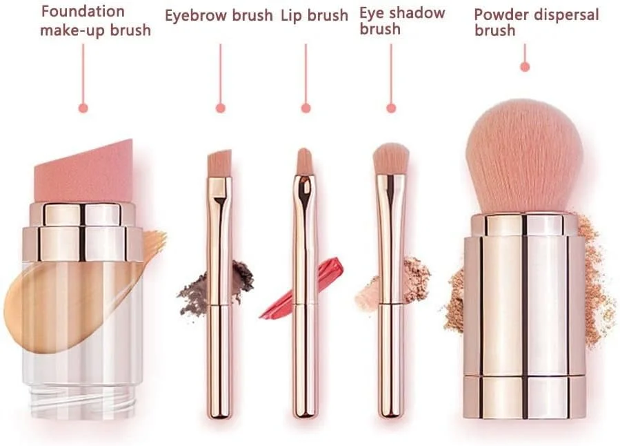 ست برس آرایشی قابل حمل 5 در 1، برس های جمع شونده برای کرم پودر، سایه چشم، لب، ابرو و پودر مناسب مسافرت