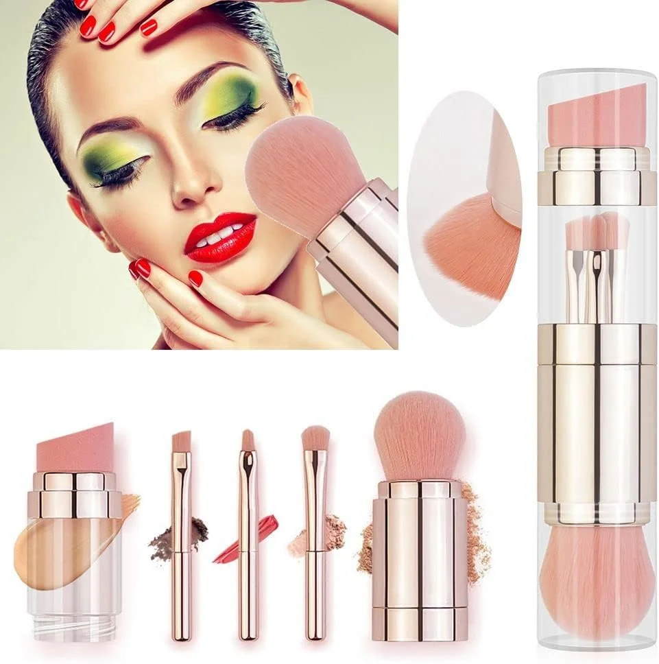 ست برس آرایشی قابل حمل 5 در 1، برس های جمع شونده برای کرم پودر، سایه چشم، لب، ابرو و پودر مناسب مسافرت