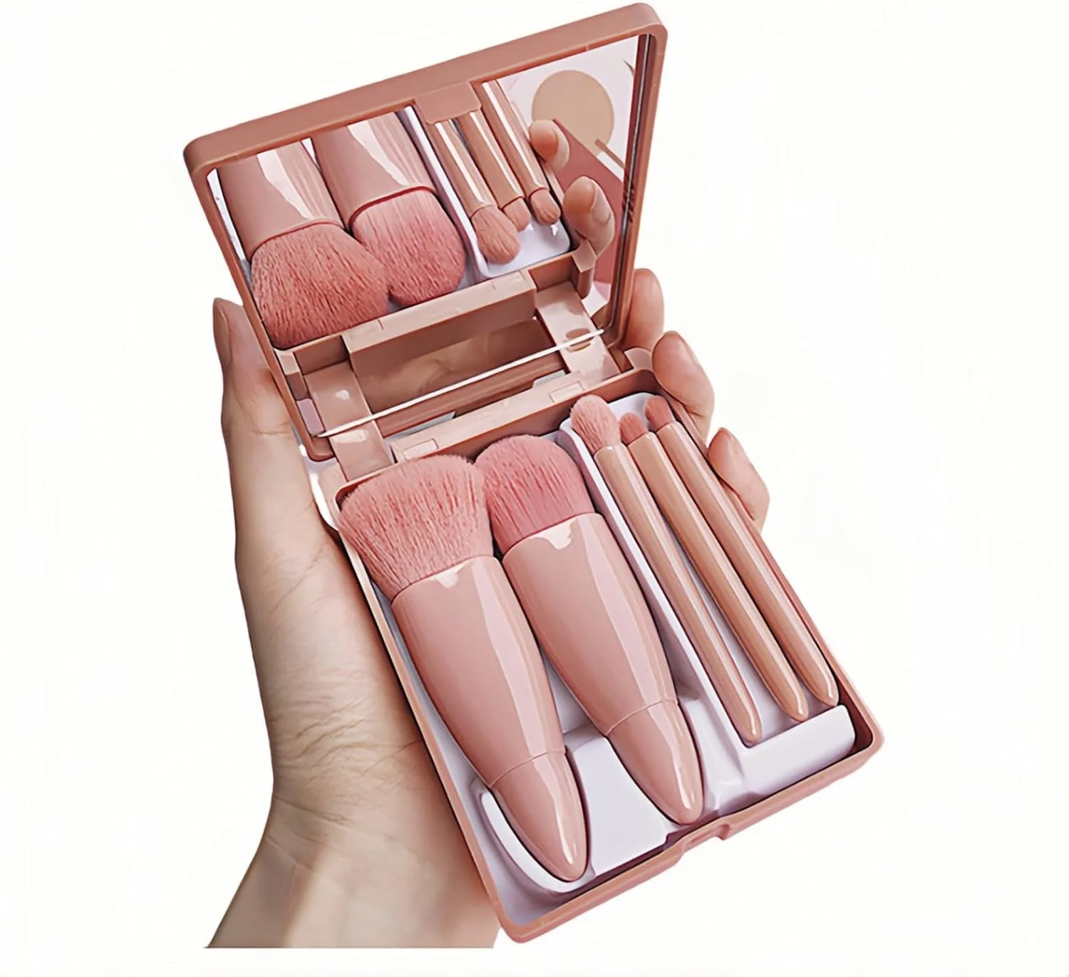 ست برس آرایشی حرفه ای 5 تکه با آینه و کیف مسافرتی، موهای گیاهی ضد حساسیت برای پوست های حساس، جعبه لوکس آماده هدیه، کیت لوازم آرایشی قابل حمل برای عروس ها، مسافرت، آرایش سریع (صورتی)