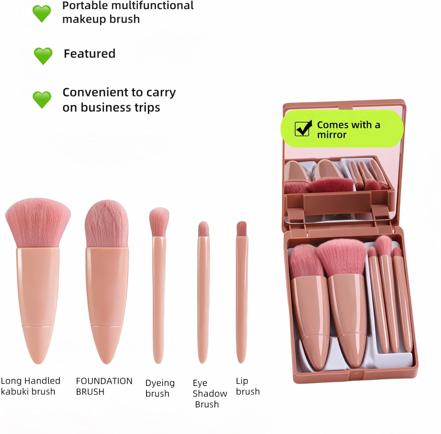 ست برس آرایشی حرفه ای 5 تکه با آینه و کیف مسافرتی، موهای گیاهی ضد حساسیت برای پوست های حساس، جعبه لوکس آماده هدیه، کیت لوازم آرایشی قابل حمل برای عروس ها، مسافرت، آرایش سریع (صورتی)