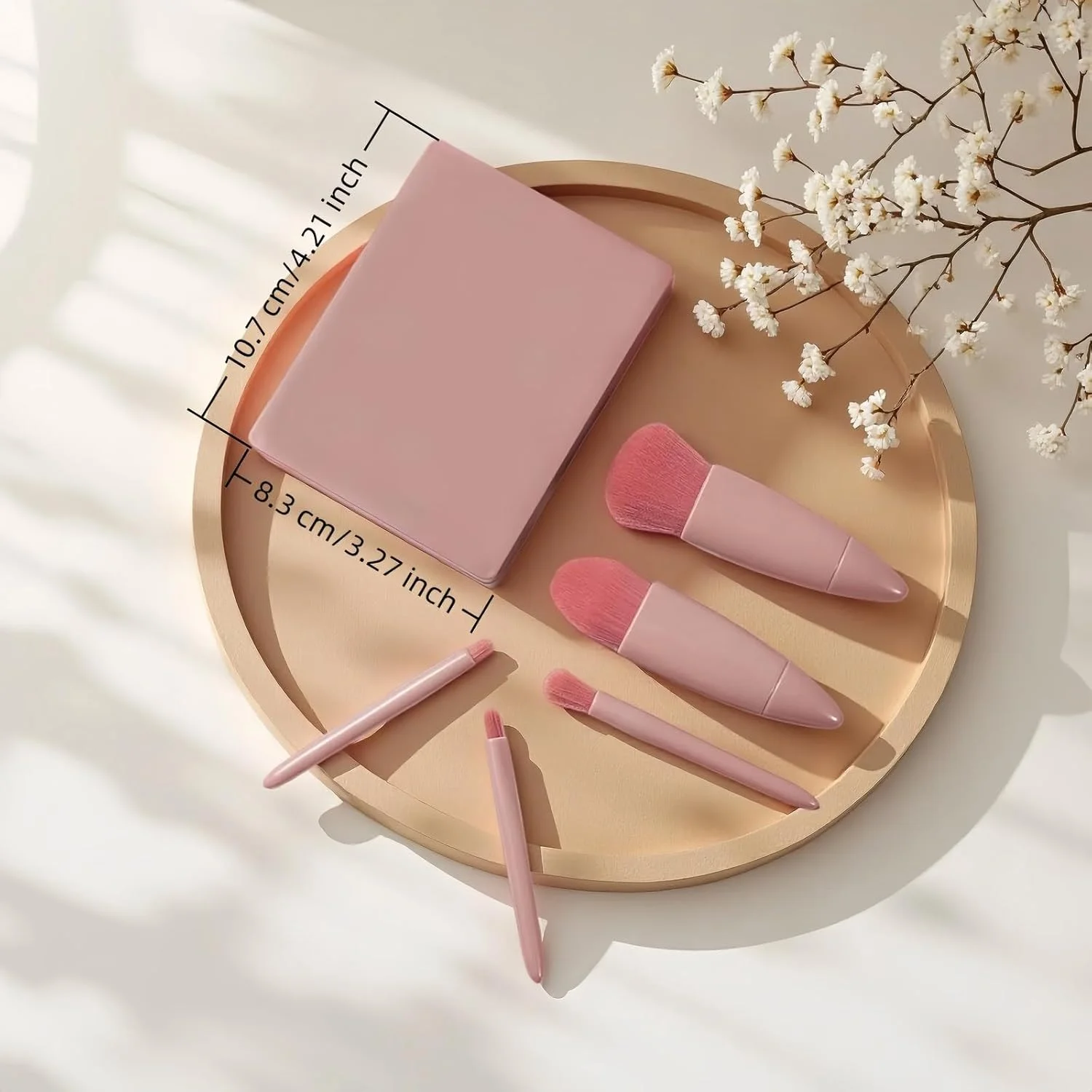 ست برس آرایشی حرفه ای 5 تکه با آینه و کیف مسافرتی، موهای گیاهی ضد حساسیت برای پوست های حساس، جعبه لوکس آماده هدیه، کیت لوازم آرایشی قابل حمل برای عروس ها، مسافرت، آرایش سریع (صورتی)