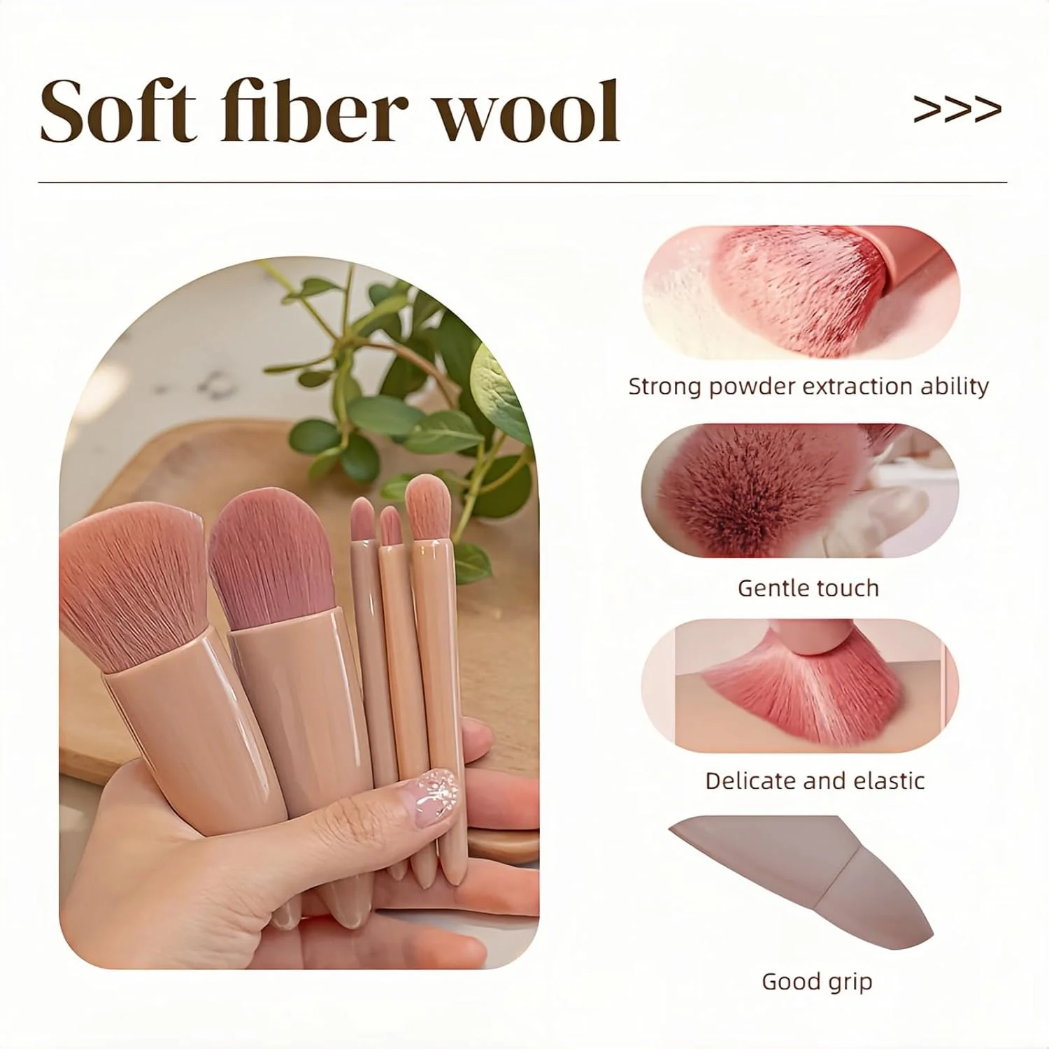 ست برس آرایشی حرفه ای 5 تکه با آینه و کیف مسافرتی، موهای گیاهی ضد حساسیت برای پوست های حساس، جعبه لوکس آماده هدیه، کیت لوازم آرایشی قابل حمل برای عروس ها، مسافرت، آرایش سریع (صورتی)