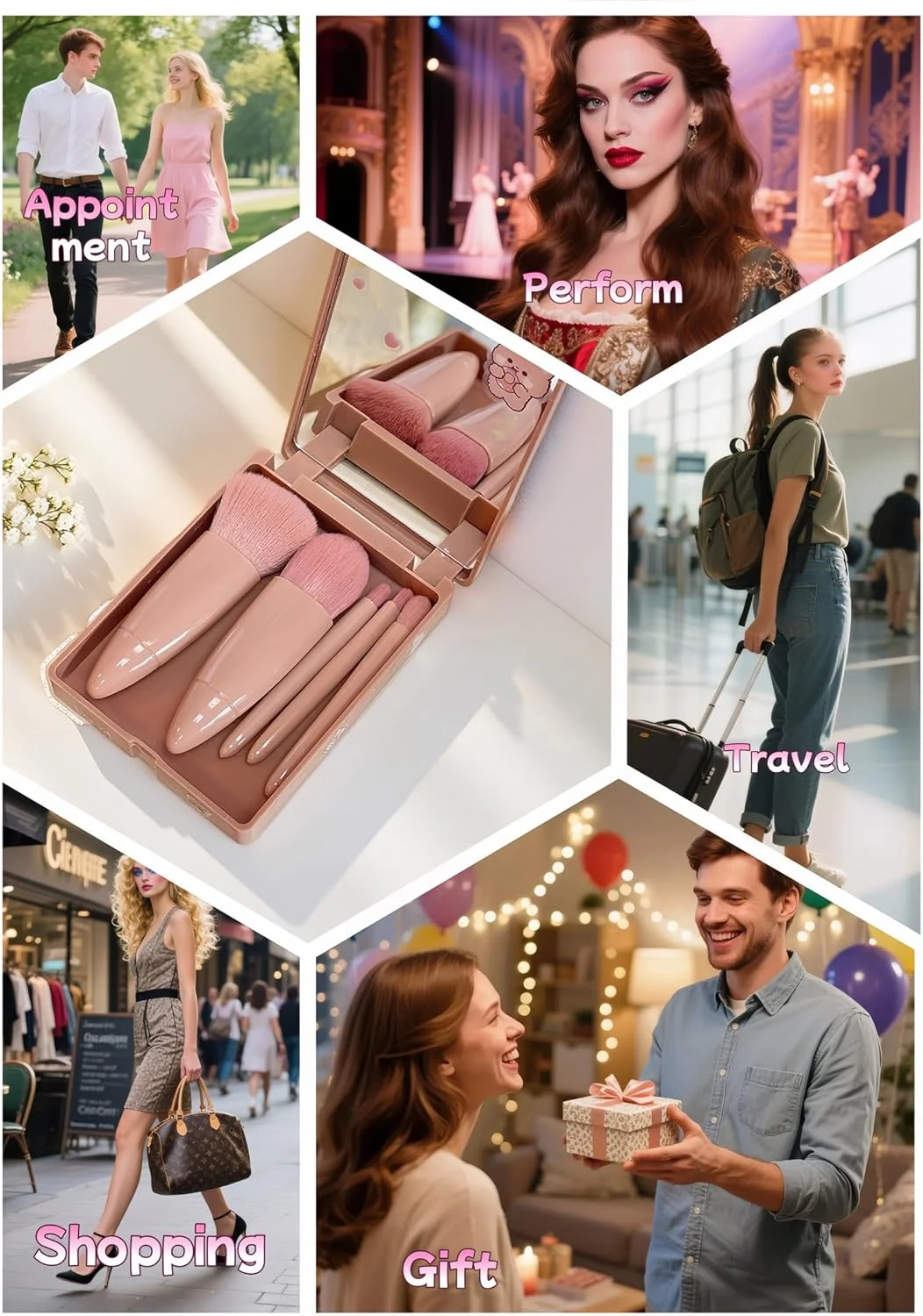 ست برس آرایشی حرفه ای 5 تکه با آینه و کیف مسافرتی، موهای گیاهی ضد حساسیت برای پوست های حساس، جعبه لوکس آماده هدیه، کیت لوازم آرایشی قابل حمل برای عروس ها، مسافرت، آرایش سریع (صورتی)