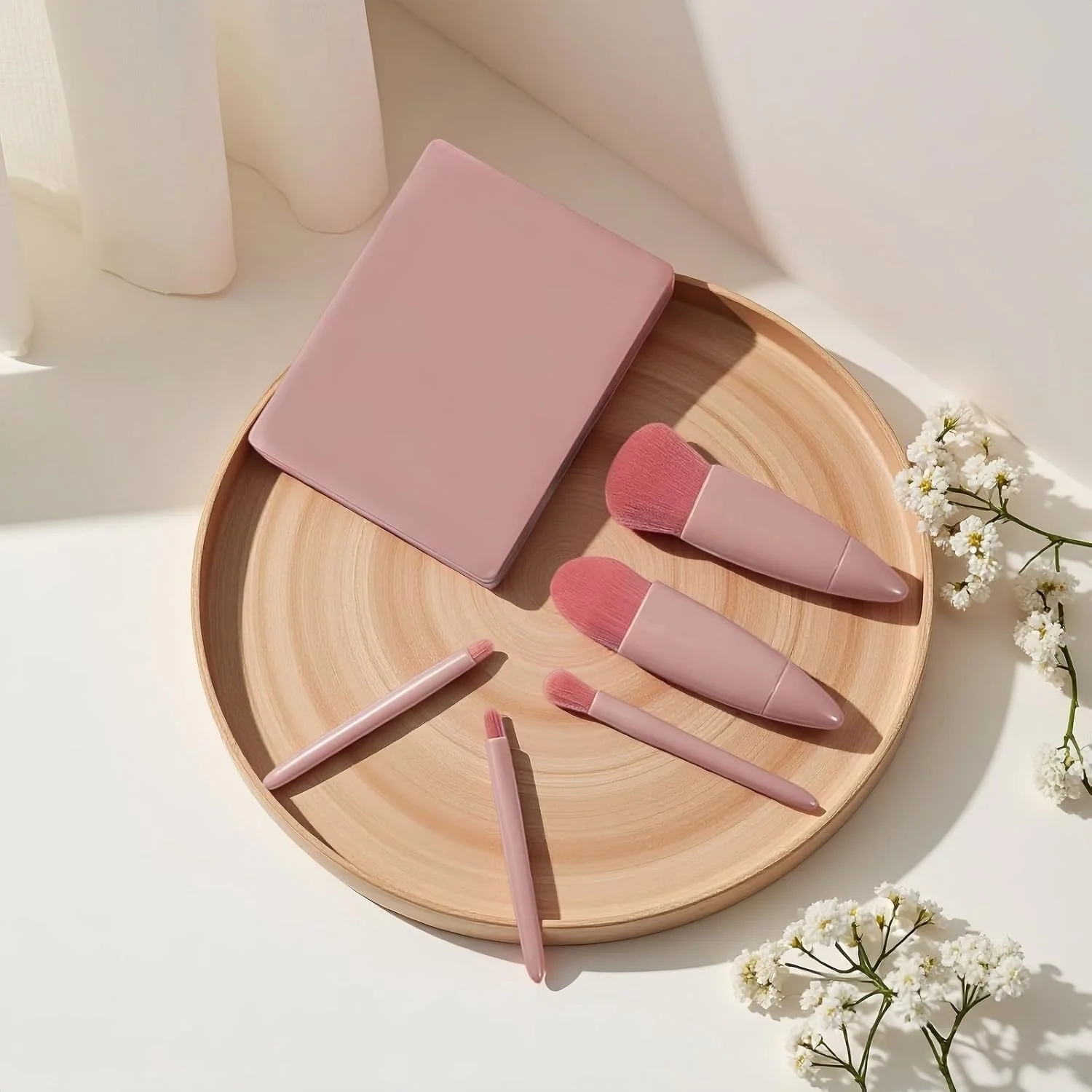 ست برس آرایشی حرفه ای 5 تکه با آینه و کیف مسافرتی، موهای گیاهی ضد حساسیت برای پوست های حساس، جعبه لوکس آماده هدیه، کیت لوازم آرایشی قابل حمل برای عروس ها، مسافرت، آرایش سریع (صورتی)