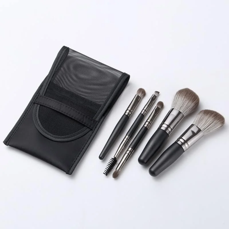 ست 5 عددی برس آرایشی مینی قابل حمل، برس پودر فیکس حرفه ای، برس سایه چشم، ابزار برس زیبایی، مناسب برای انواع ابزارهای مورد نیاز آرایش، شامل کیف پارچه ای، با قابلیت نگهداری آسان