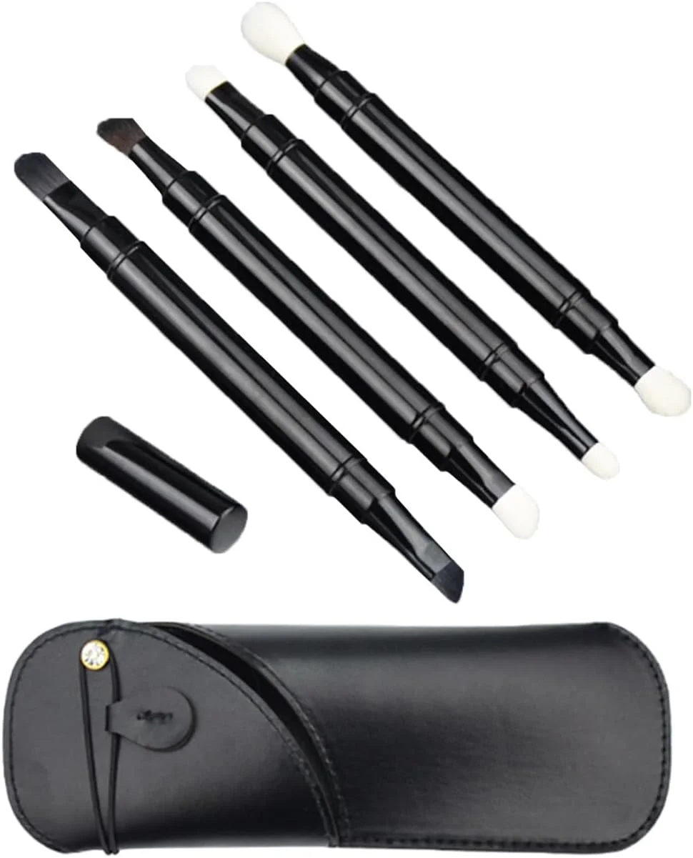 ست برس آرایشی سایه جمع شونده چند منظوره 4 عددی با کیف نگهداری، ست برس آرایشی دو طرفه قابل حمل برای مسافرت های خارج از منزل (ست برس)