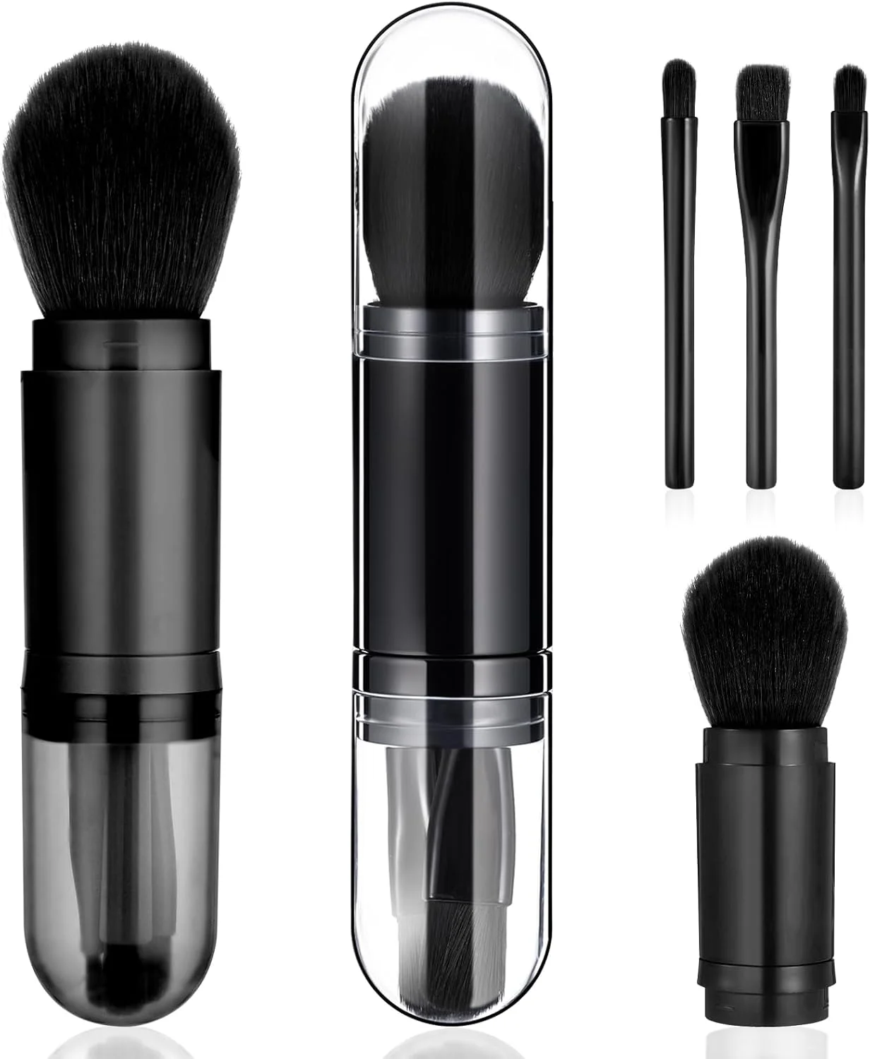 ست برس آرایشی مسافرتی 4 در 1، برس های آرایشی مسافرتی قابل حمل و جمع شونده، برس کرم پودر، رژگونه، پودر، سایه چشم، کانسیلر برای زنان، برس آرایشی بدون تست حیوانی مشکی