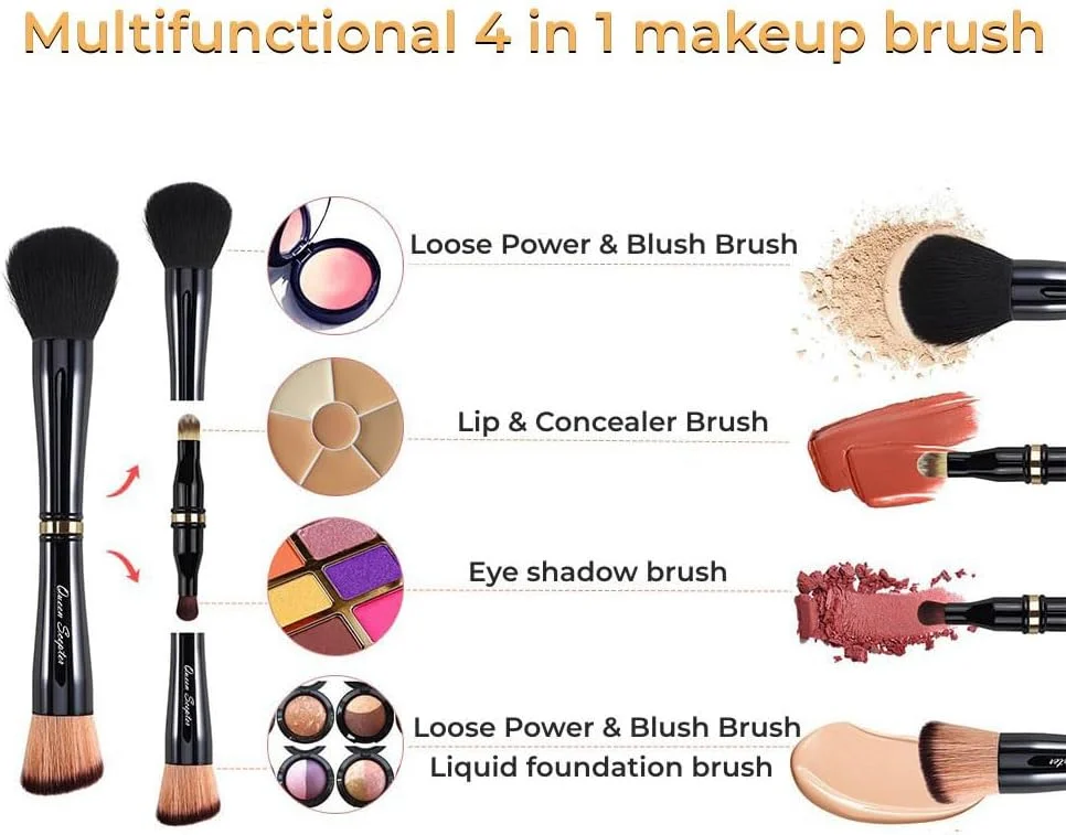 ست برس آرایشی 4 در 1 حرفه ای مایع، ست برس آرایشی مسافرتی با کیف، برس پودر فیکس، برس کانسیلر، برس سایه چشم، برس آرایشی دو طرفه برای مایع، کرم، پودر