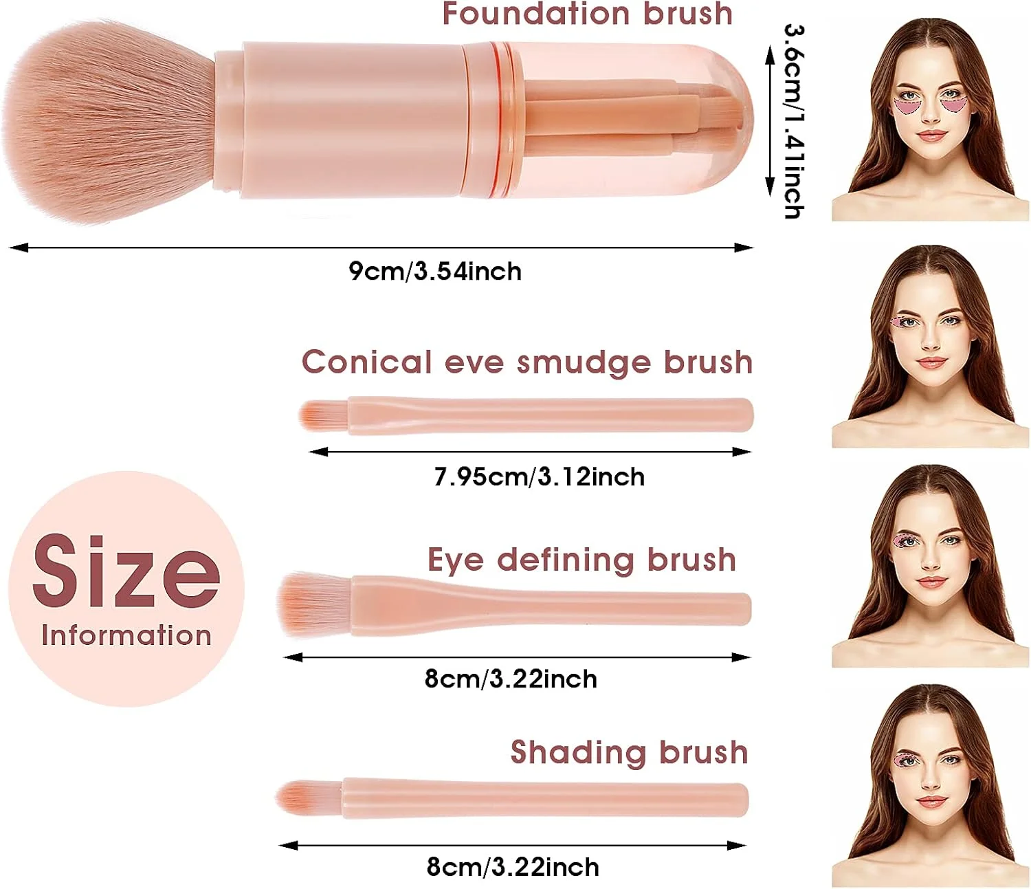 ست برس آرایشی 4 در 1 جمع شونده، برس لب مسافرتی قابل حمل، برس هایلایت، برس سایه چشم، برس پودر ترکیبی فونداسیون، ست برس آرایشی مینی صورت (صورتی)