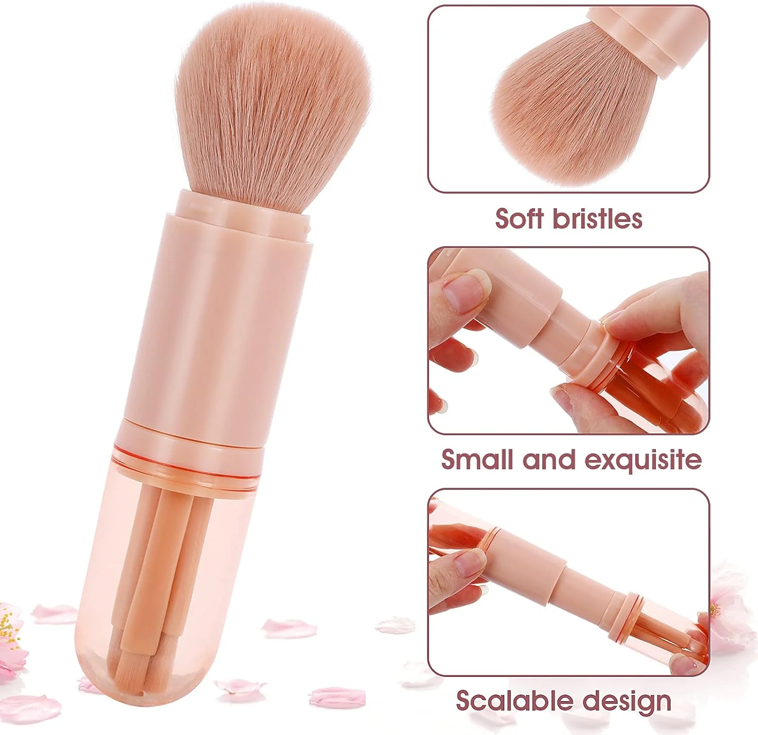 ست برس آرایشی 4 در 1 جمع شونده، برس لب مسافرتی قابل حمل، برس هایلایت، برس سایه چشم، برس پودر ترکیبی فونداسیون، ست برس آرایشی مینی صورت (صورتی)