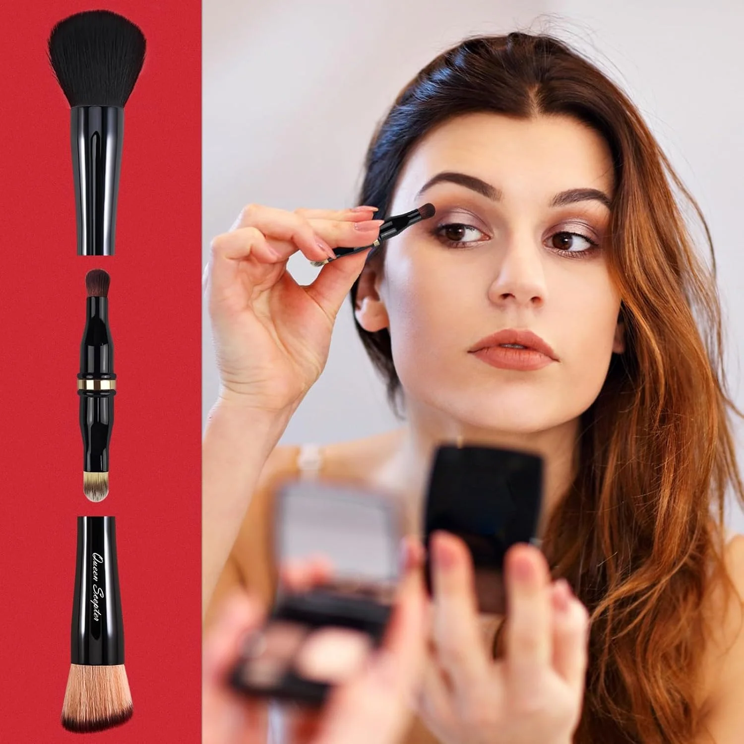 ست برس آرایشی 4 در 1 حرفه ای مایع، ست برس آرایشی مسافرتی با کیف، برس پودر فیکس، برس کانسیلر، برس سایه چشم، برس آرایشی دو طرفه برای مایع، کرم، پودر