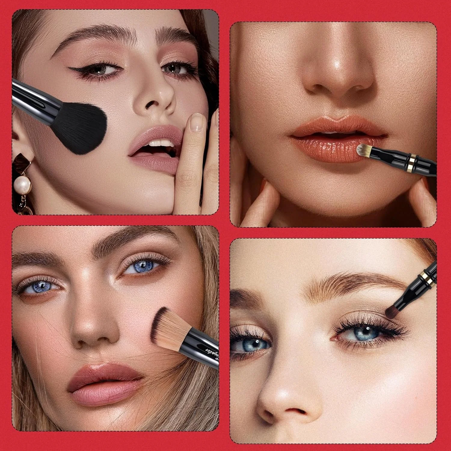 ست برس آرایشی 4 در 1 حرفه ای مایع، ست برس آرایشی مسافرتی با کیف، برس پودر فیکس، برس کانسیلر، برس سایه چشم، برس آرایشی دو طرفه برای مایع، کرم، پودر