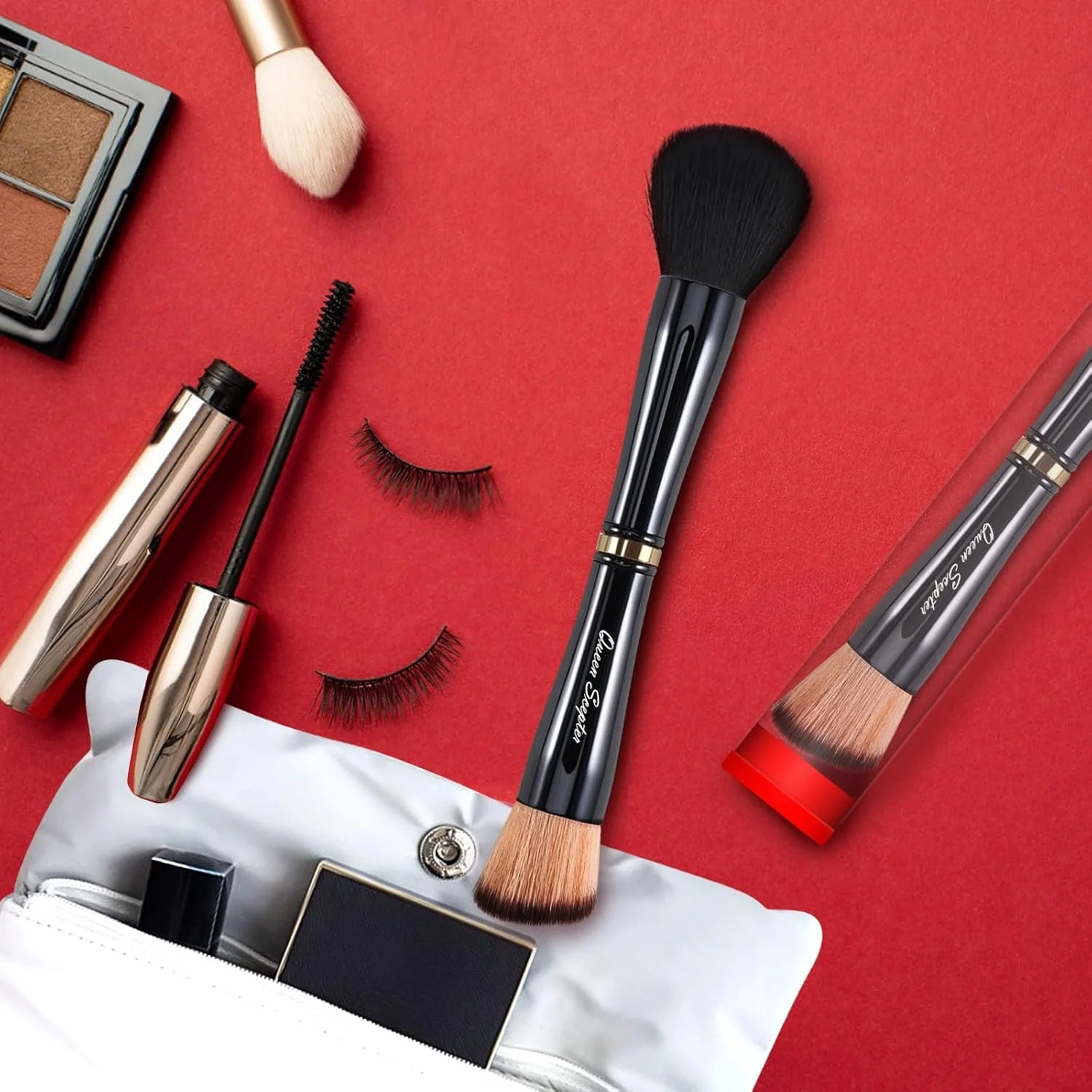 ست برس آرایشی 4 در 1 حرفه ای مایع، ست برس آرایشی مسافرتی با کیف، برس پودر فیکس، برس کانسیلر، برس سایه چشم، برس آرایشی دو طرفه برای مایع، کرم، پودر