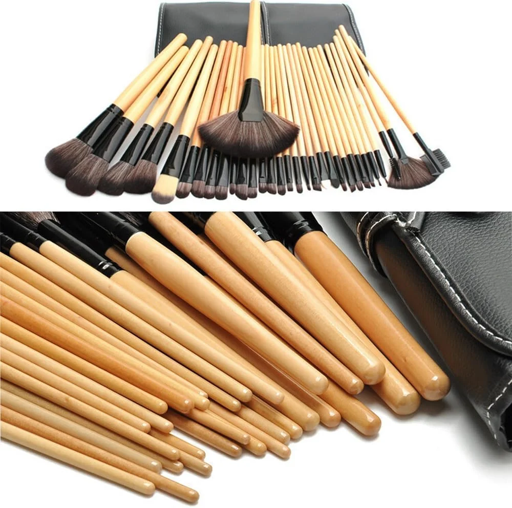 ست ۳۲ عددی برس آرایشی حرفه ای، دسته چوبی با کیف چرمی، مشکی ست ۳۲ عددی برس آرایشی حرفه ای، دسته چوبی با کیف چرمی، مشکی