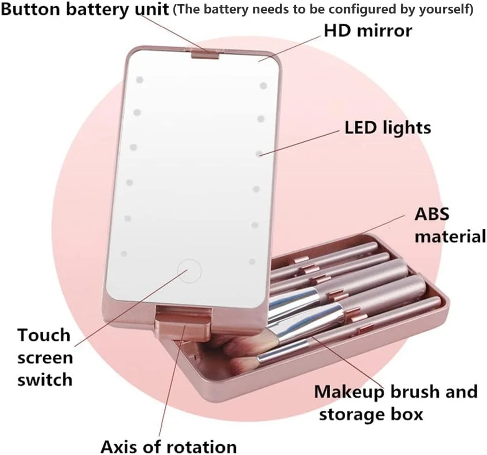 ست برس آرایشی مسافرتی LED با چرخش 360 درجه، جعبه برس آرایشی تاشو با آینه HD، ابزارهای زیبایی قابل حمل ست برس آرایشی مسافرتی LED با چرخش 360 درجه، جعبه برس آرایشی تاشو با آینه HD، ابزارهای زیبایی قابل حمل
