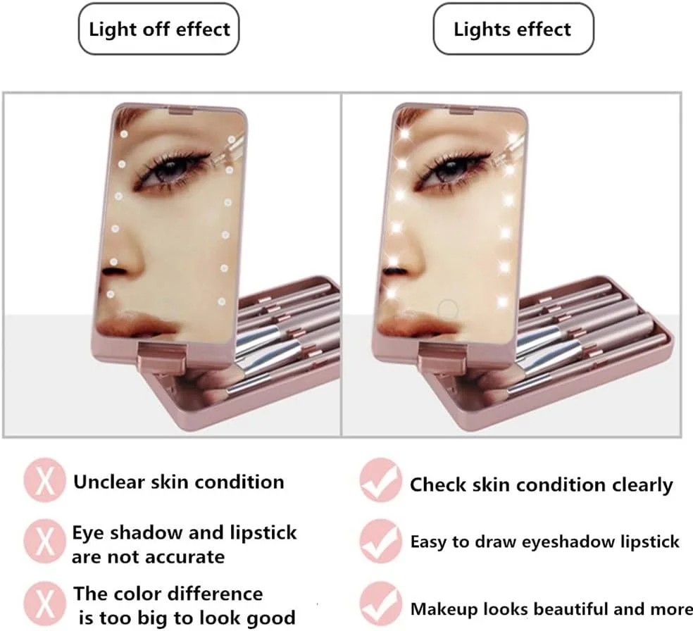ست برس آرایشی مسافرتی LED با چرخش 360 درجه، جعبه برس آرایشی تاشو با آینه HD، ابزارهای زیبایی قابل حمل ست برس آرایشی مسافرتی LED با چرخش 360 درجه، جعبه برس آرایشی تاشو با آینه HD، ابزارهای زیبایی قابل حمل