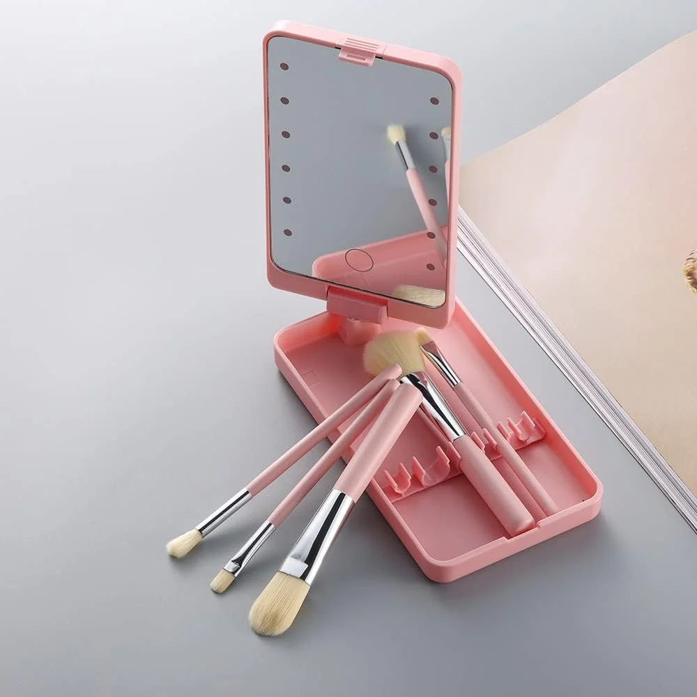 ست برس آرایشی مسافرتی LED با چرخش 360 درجه، جعبه برس آرایشی تاشو با آینه HD، ابزارهای زیبایی قابل حمل ست برس آرایشی مسافرتی LED با چرخش 360 درجه، جعبه برس آرایشی تاشو با آینه HD، ابزارهای زیبایی قابل حمل