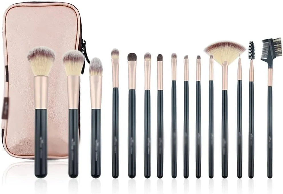 ست 15 عددی برس آرایشی حرفه ای با دسته چوبی مشکی و برس های ست و کیت برای آرایش چشم به همراه کیف رز ست 15 عددی برس آرایشی حرفه ای با دسته چوبی مشکی و برس های ست و کیت برای آرایش چشم به همراه کیف رز